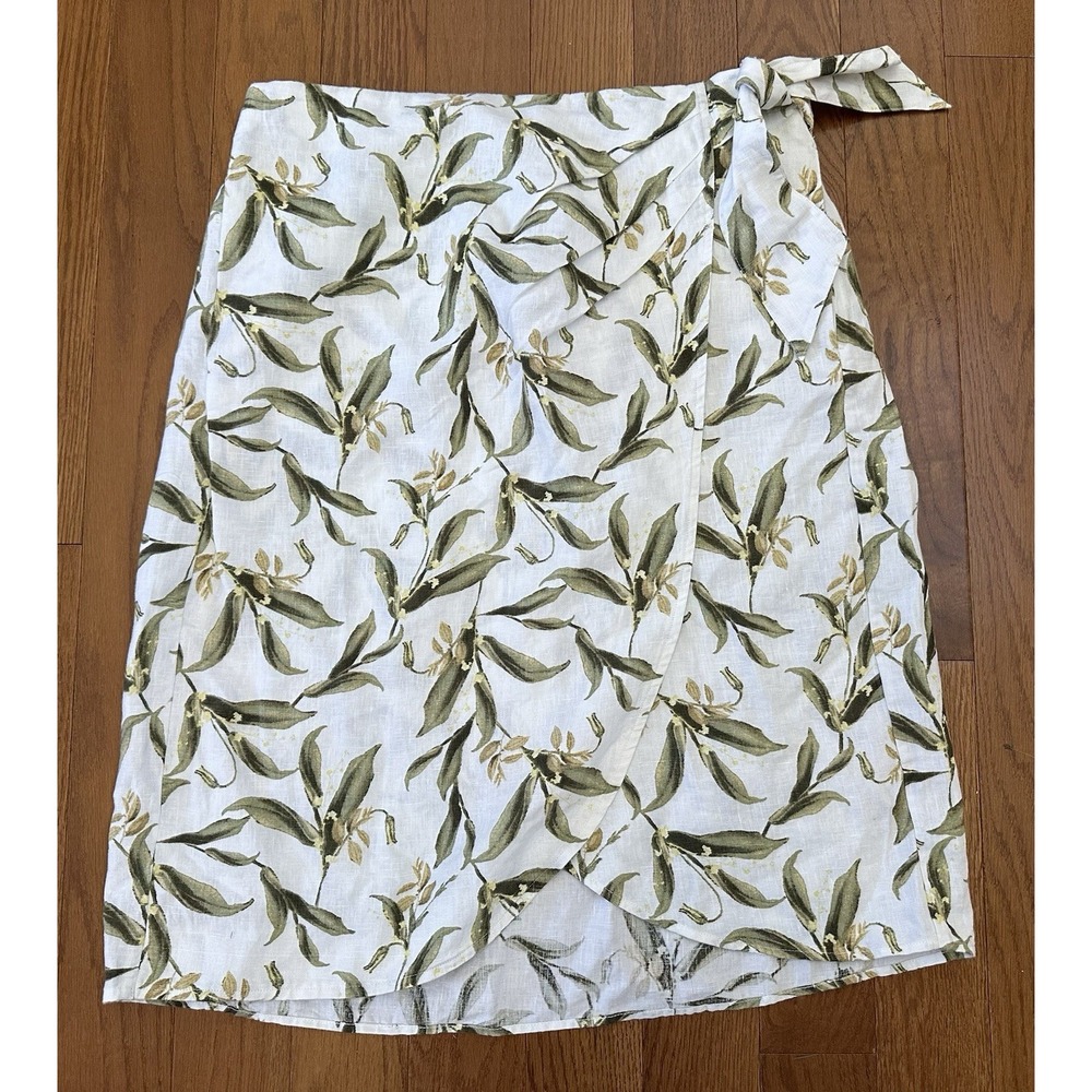 Chico's 100 % Linen Midi Wrap Skirt Women Size Large Floral Botanical NWT